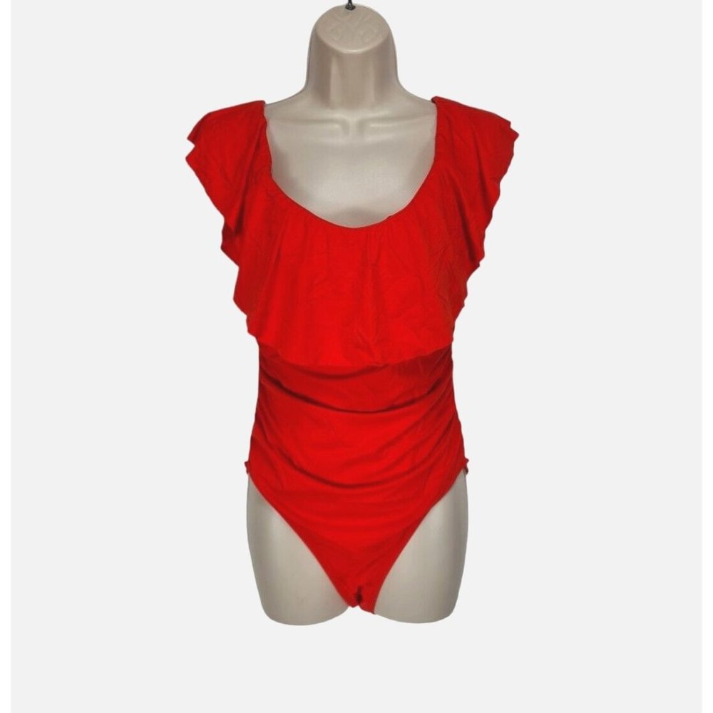 LA BLANCA Women Size 12 Red Ruffle Swimsuit Crew Neck Ruffle Sleeve 270P